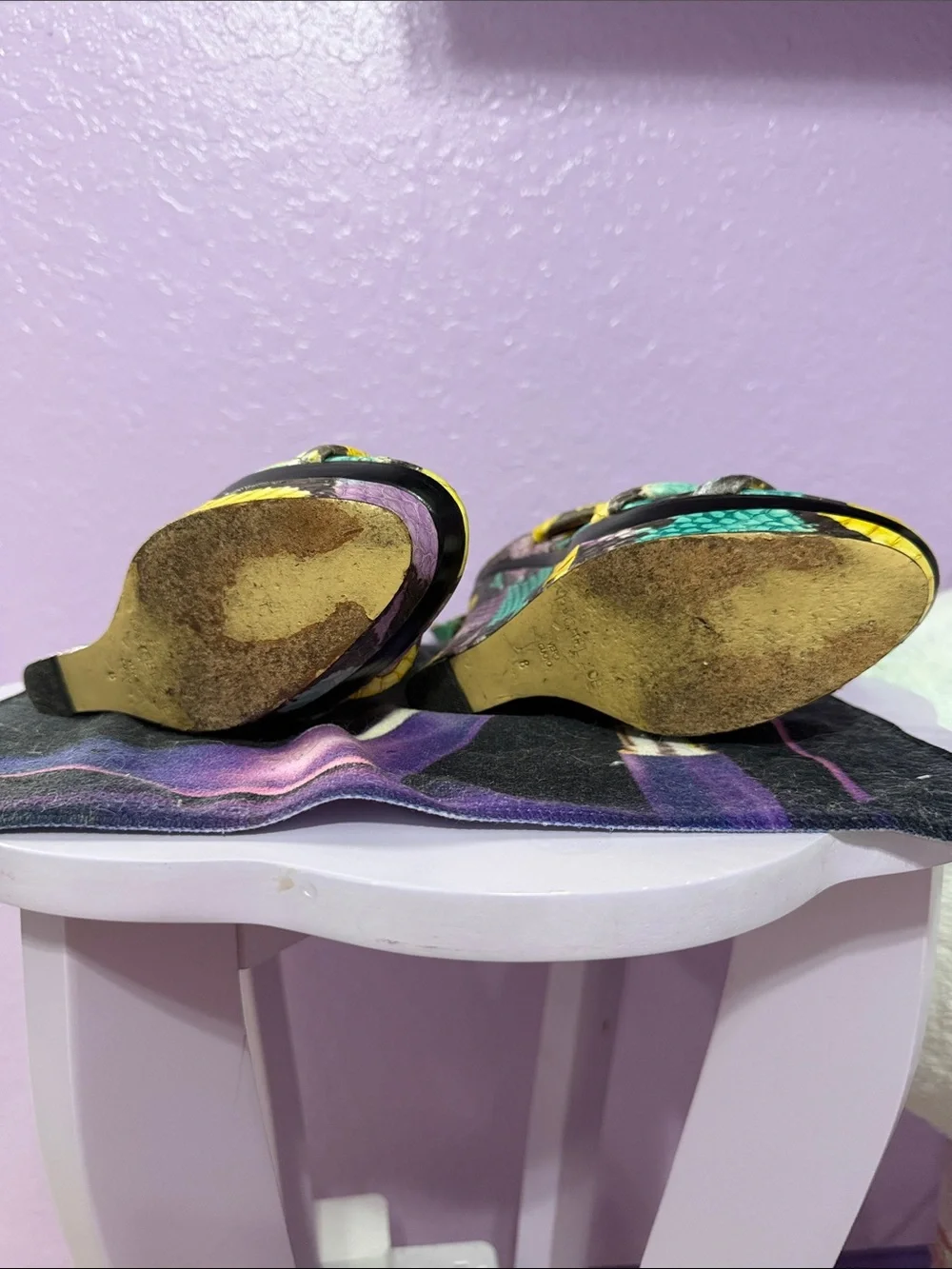 Rachel Zoe Yellow Teal Purple Snake-Print Platform Wedges